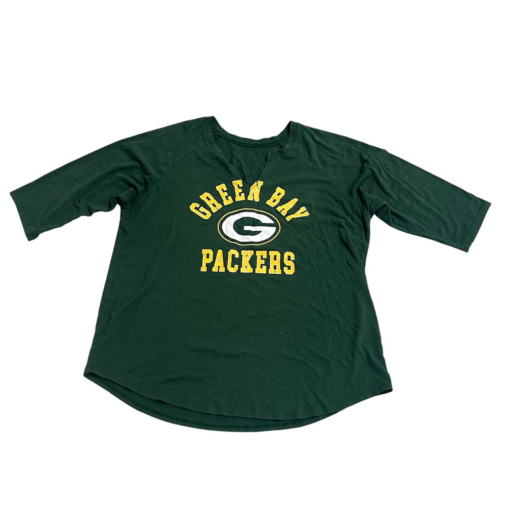 Green Bay Packers Womens V-Neck 3/4 Sleeve Graphic T-Shirt Green Size XL